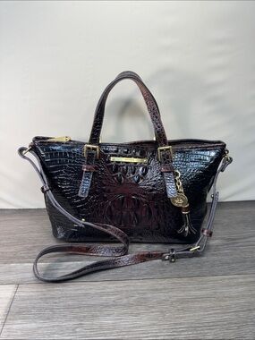 Brahmin Croc-Embossed Satchel in Deep Brown and Black